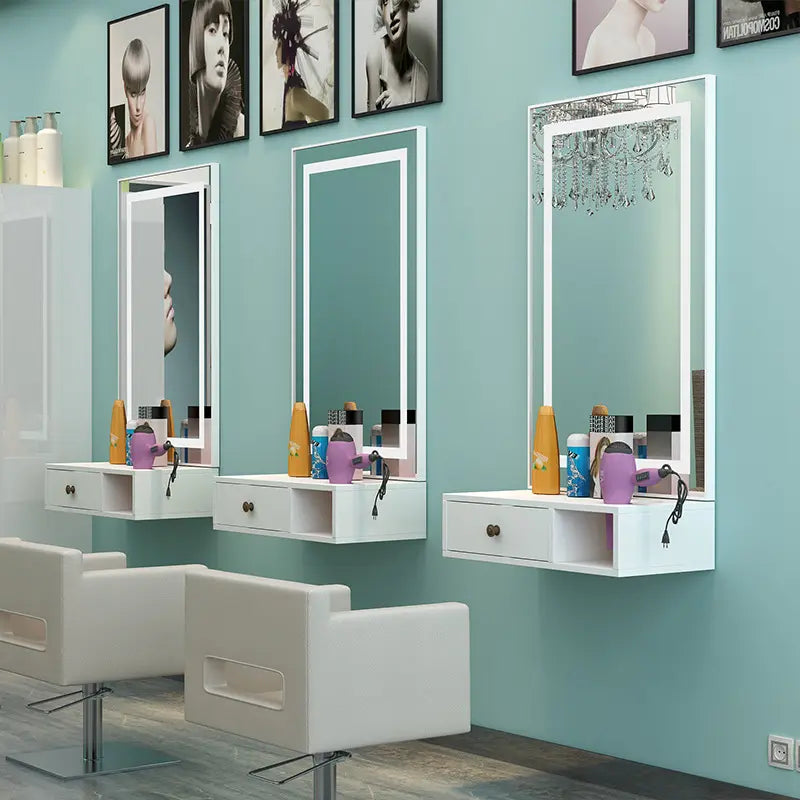Wall Mount Salon Station with Led Lamp Mirror | White (price per unit)