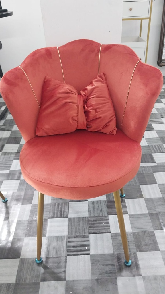 Shell Velvet Chair with Gold Trim & Pillow | Red Orange