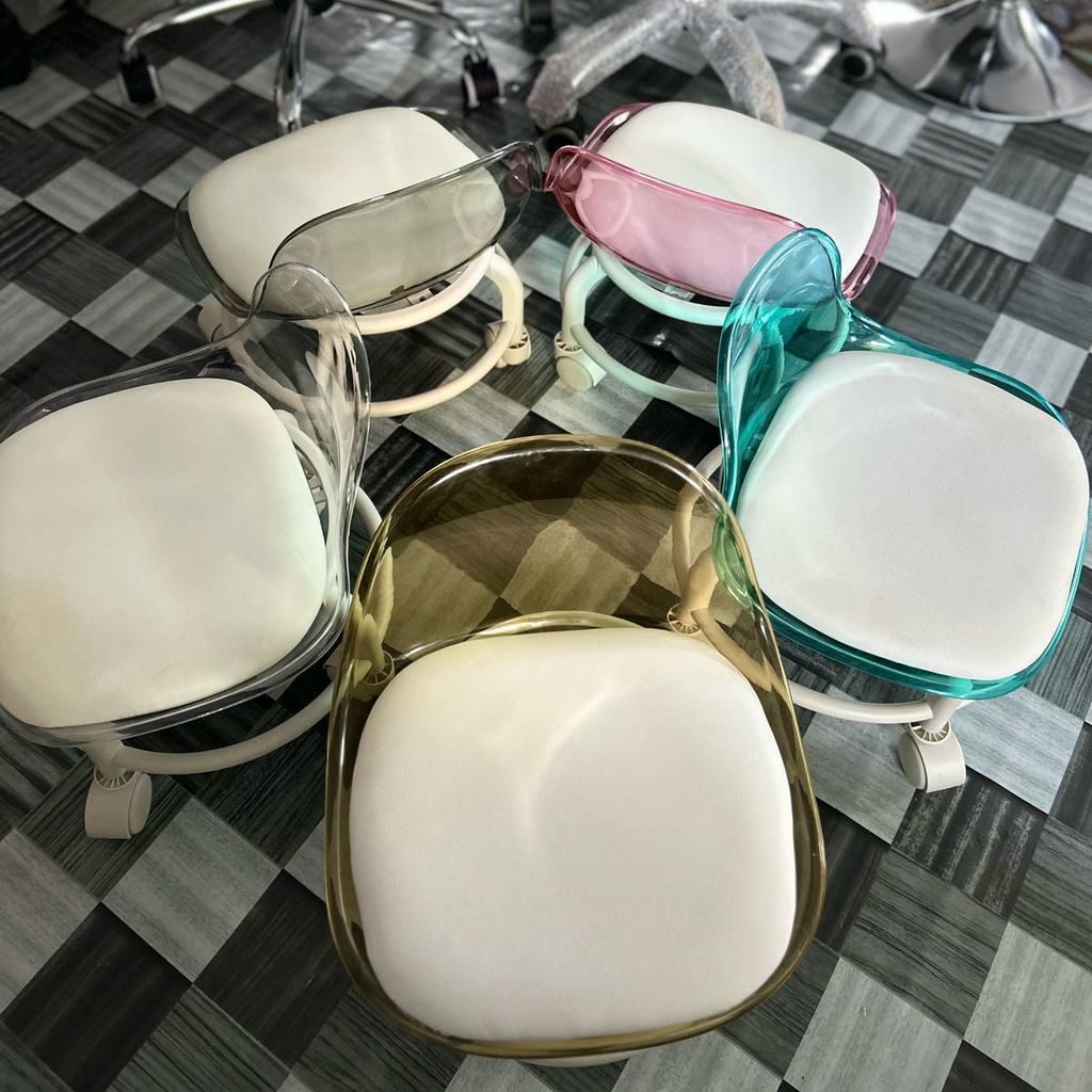 Transparent Low Stool with Back Support on Wheels