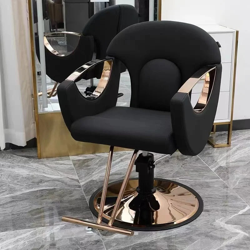 Black/Rose Gold Modern Salon Styling Chair with Hydraulic Lift | Round Disc Plate