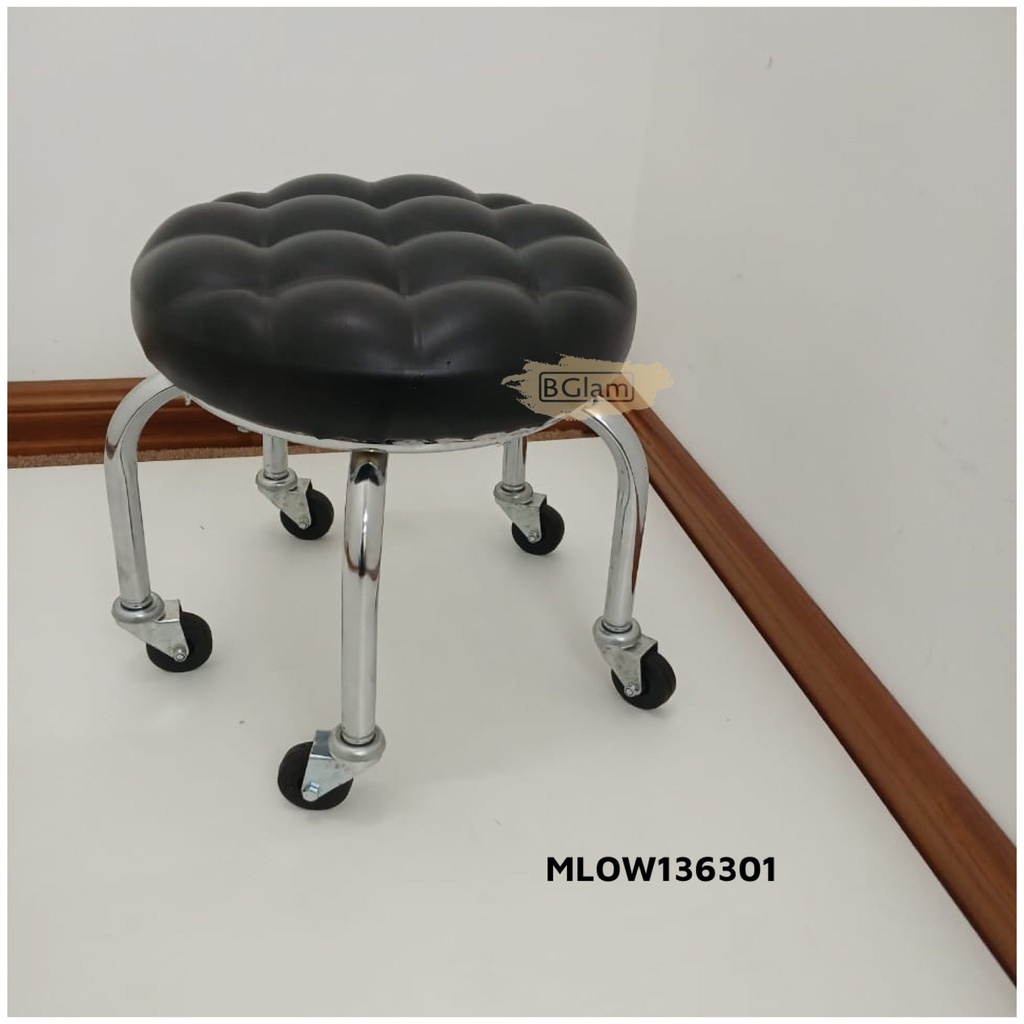 Low profile stool on wheels | 32cm | Black with decorative stitch