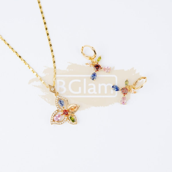 Fashion Jewelry Set Earrings + Pendant with Multi-Colored Stones Flower 5