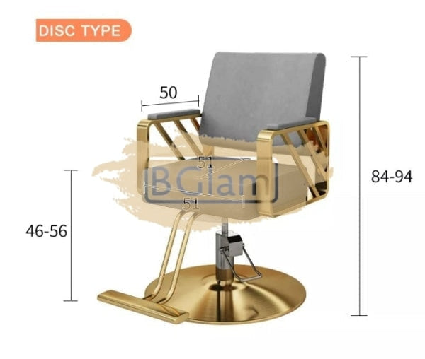 Modern Salon Styling Chair with Hydraulic Lift and Diagonal Titanium Stripes Handle - Disc Plate - Silver/Gold